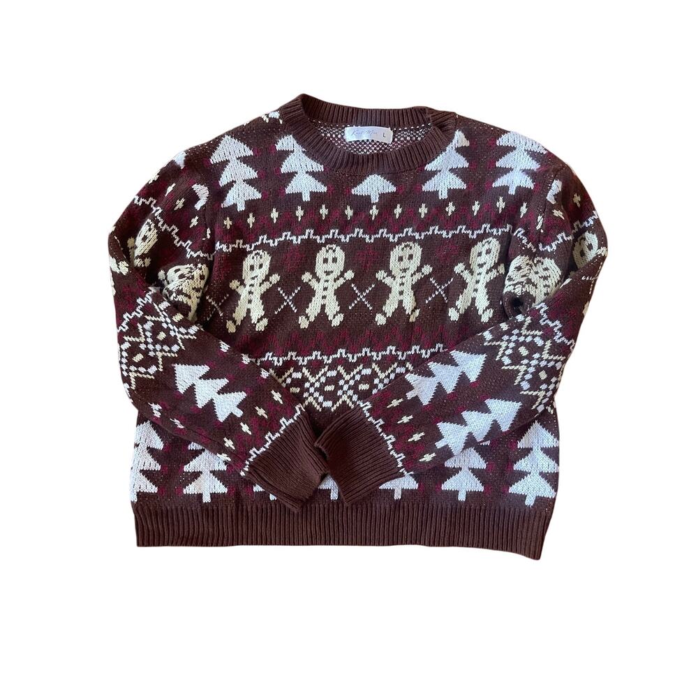 Knit Mix Brown Gingerbread Fair Isle Christmas Sweater Large
